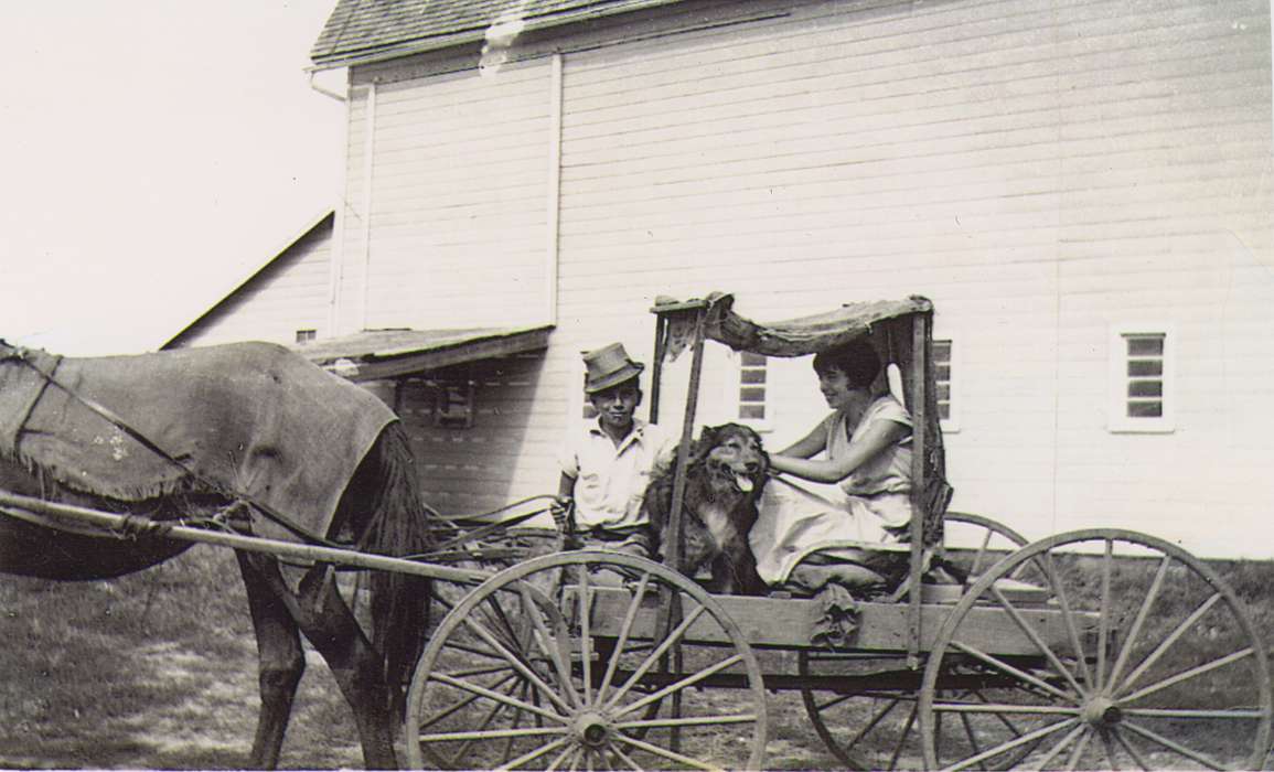 Portraits - Group, Meyers, Peggy, history of Iowa, Iowa History, Barns, Animals, West Liberty, IA, horse and cart, Iowa, correct date needed, Children, dog