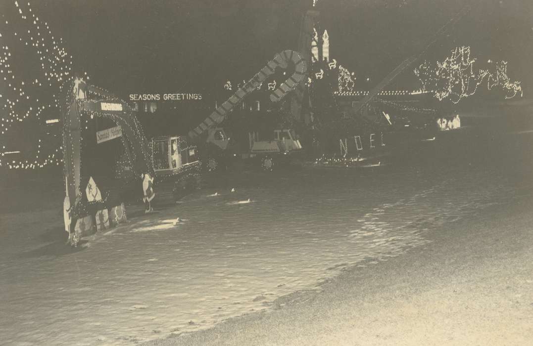 heavy machinery, christmas decorations, christmas lights, Iowa History, history of Iowa, Winter, Motorized Vehicles, Businesses and Factories, Waverly, IA, Holidays, Iowa, Cities and Towns, Waverly Public Library