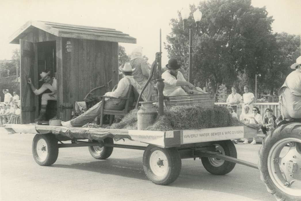 history of Iowa, Iowa History, Entertainment, parade, hay bale, Civic Engagement, Waverly, IA, Fairs and Festivals, parade float, Iowa, Waverly Public Library, outhouse