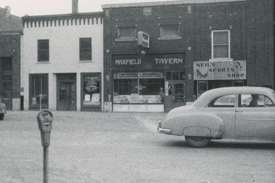 Cities and Towns, parking meter, Motorized Vehicles, Iowa History, Waverly Public Library, Iowa, history of Iowa, Businesses and Factories, car, tavern, Main Streets & Town Squares
