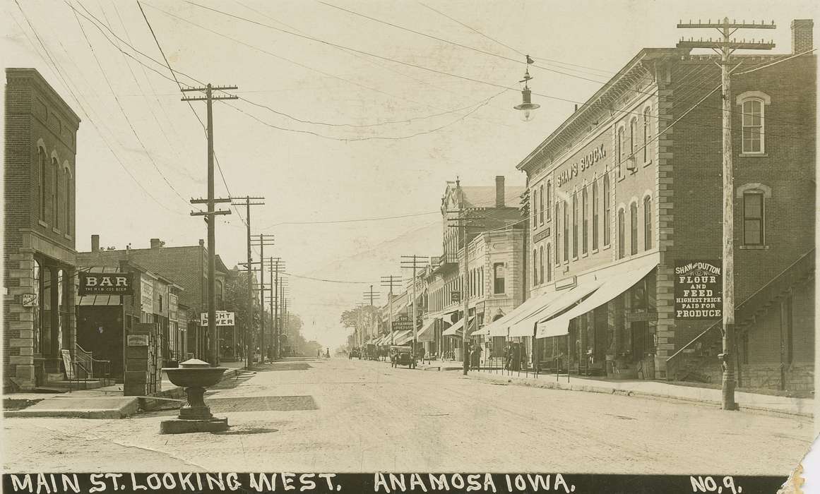 Anamosa, IA, history of Iowa, Main Streets & Town Squares, Iowa, Cities and Towns, advertisement, Hatcher, Cecilia, Iowa History, bar, telephone pole