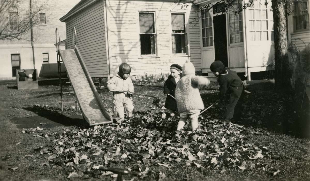 Cedar Falls, IA, history of Iowa, Iowa History, slide, leaves, uni, iowa state teachers college, playing, hat, coat, UNI Special Collections & University Archives, oak tree, Iowa, fall, Schools and Education, Children, university of northern iowa, rake