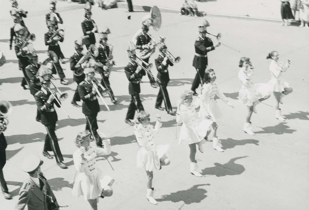 Children, history of Iowa, Entertainment, Waverly Public Library, Main Streets & Town Squares, Iowa, Aerial Shots, majorette, Iowa History, women, tuba, Cities and Towns, men, trombone, marching band, Portraits - Group, Fairs and Festivals, Civic Engagement, dancing