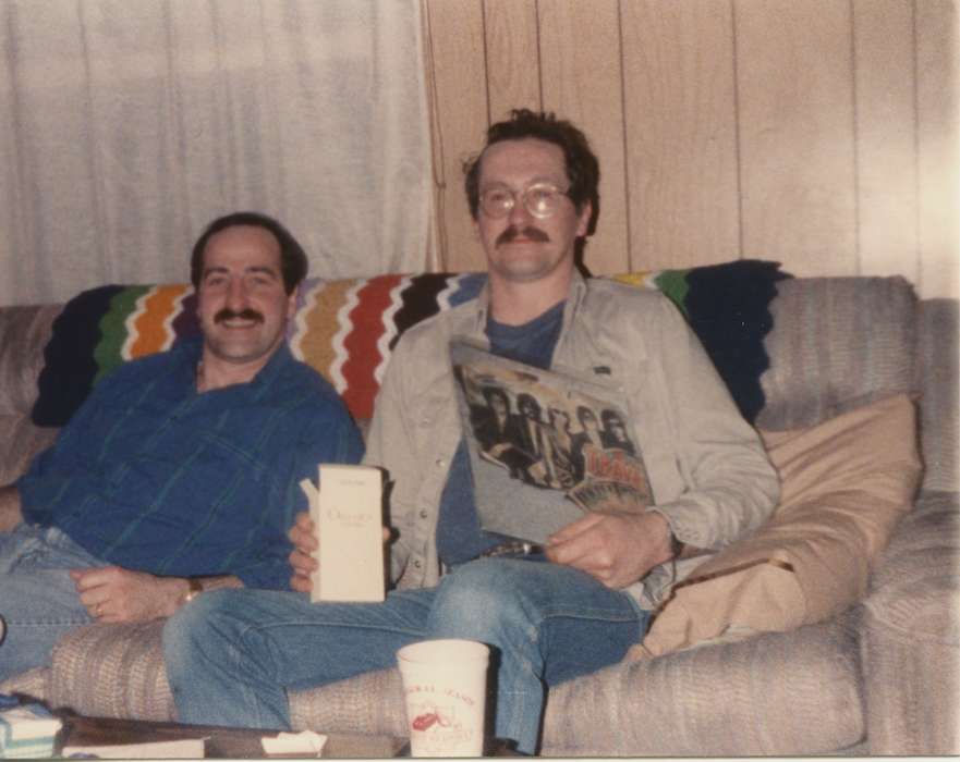 record, Portraits - Group, glasses, Nulty, Tom and Carol, Iowa History, Iowa, mustache, vinyl, couch, Des Moines, IA, history of Iowa, Homes, present, Holidays