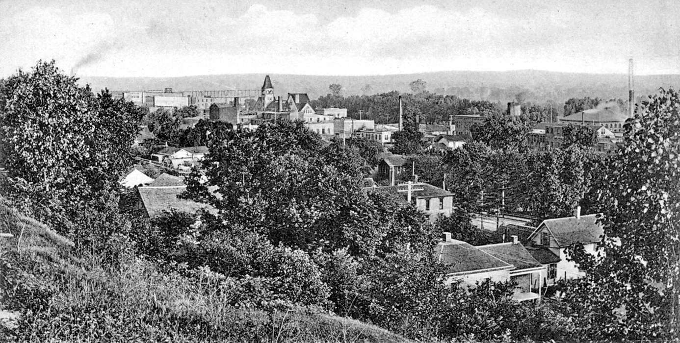 Iowa, history of Iowa, Aerial Shots, Lemberger, LeAnn, Cities and Towns, Ottumwa, IA, tree, smokestack, Iowa History, cloud