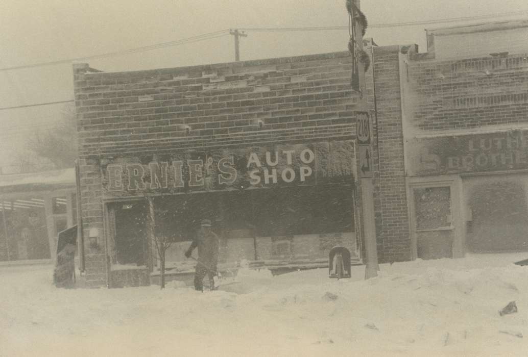 history of Iowa, Waverly Public Library, Waverly, IA, mainstreet, Iowa, snow day, Winter, auto shop, Iowa History, shoveling, blizzard