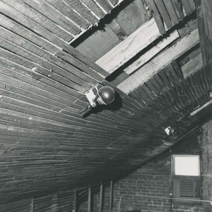 history of Iowa, Homes, Waverly, IA, Waverly Public Library, Iowa, brick wall, attic, Iowa History, lightbulb, wood paneling