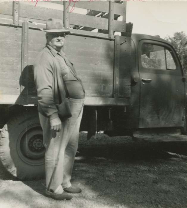 history of Iowa, Portraits - Individual, Iowa History, truck, Motorized Vehicles, Richland, IA, cigarette, Adam, Andrew, Iowa, belly, Labor and Occupations