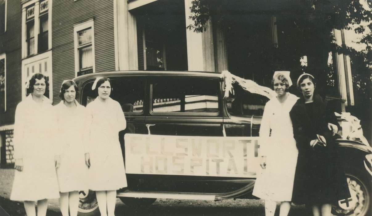 Portraits - Group, Iowa Falls, IA, history of Iowa, nurses, uniform, Iowa History, Cook, Mavis, Civic Engagement, car, nurse, Iowa, nursing, Labor and Occupations