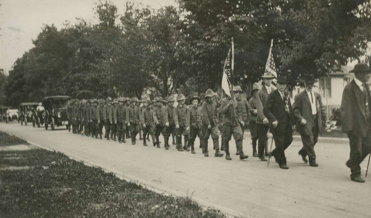 marching, boy scouts, history of Iowa, Iowa History, Motorized Vehicles, Civic Engagement, Iowa, Cities and Towns, McMurray, Doug, Woodward, IA