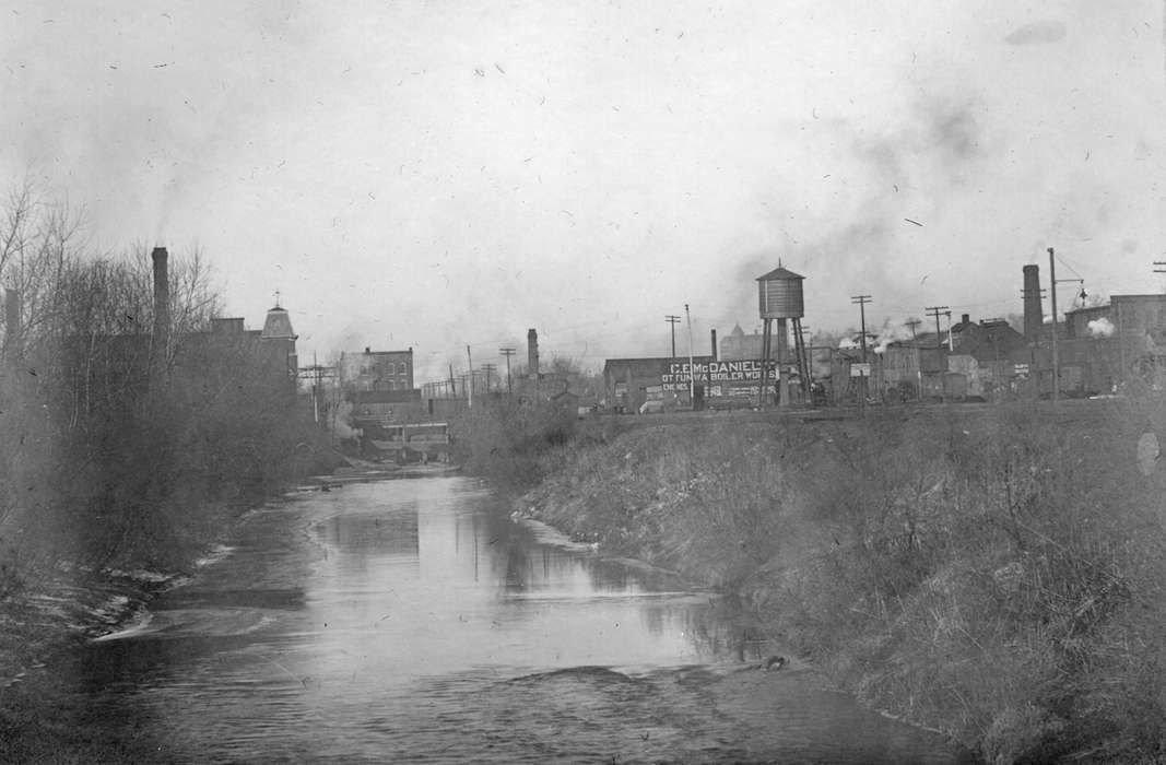 history of Iowa, Iowa History, Ottumwa, IA, Lemberger, LeAnn, Businesses and Factories, Lakes, Rivers, and Streams, stream, water tower, Iowa, Cities and Towns
