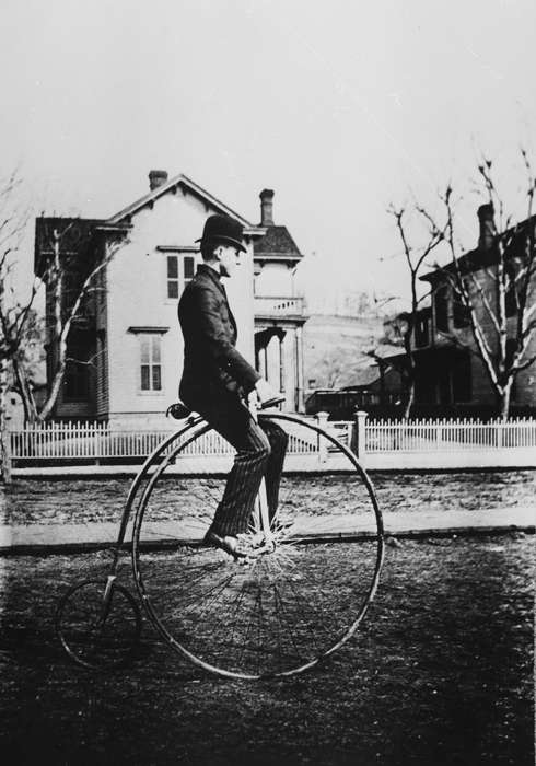 Outdoor Recreation, penny-farthing, Iowa, bowler hat, bike, Iowa History, Leisure, house, fence, Lemberger, LeAnn, bicycle, Ottumwa, IA, history of Iowa, victorian