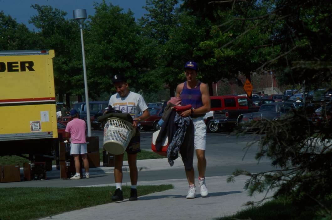 Cedar Falls, IA, history of Iowa, luggage, Iowa History, Families, moving truck, Motorized Vehicles, uni, parking lot, UNI Special Collections & University Archives, Iowa, Schools and Education, baseball cap, university of northern iowa, laundry basket