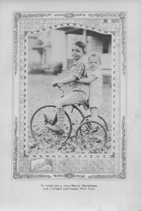 Portraits - Group, Potter, Ann, history of Iowa, Iowa History, Fort Dodge, IA, holiday card, tricycle, Outdoor Recreation, Iowa, Children, card