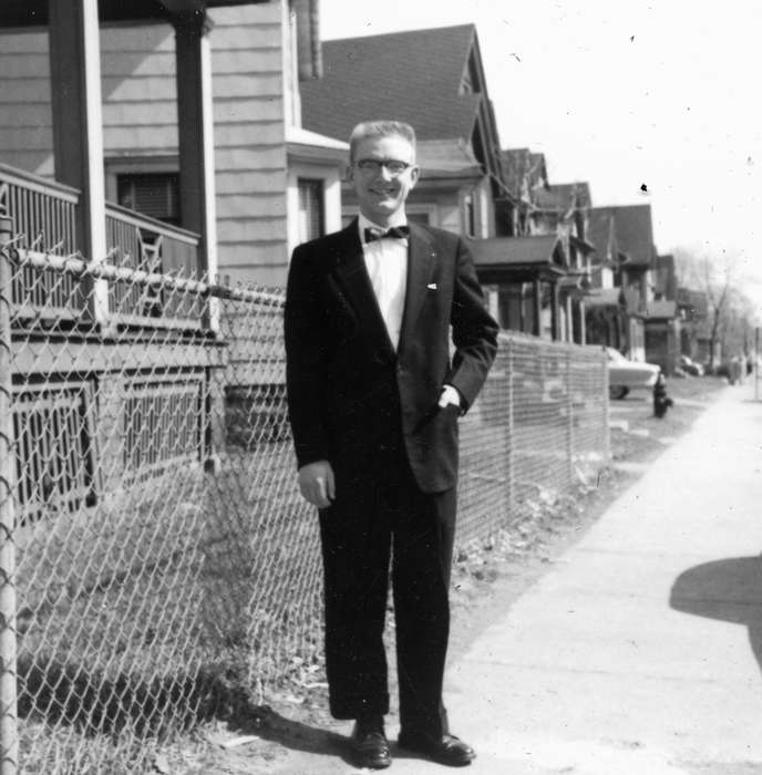 history of Iowa, Portraits - Individual, Iowa History, sidewalk, Iowa, Cedar Rapids, IA, fence, Homes, Karns, Mike, tuxedo