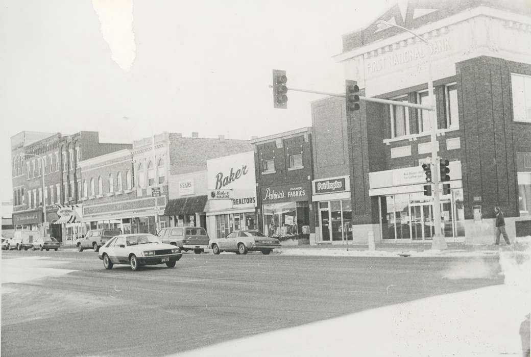 Main Streets & Town Squares, streetlights, history of Iowa, cars, stores, trucks, Iowa History, Motorized Vehicles, Businesses and Factories, Waverly, IA, Iowa, Cities and Towns, Waverly Public Library