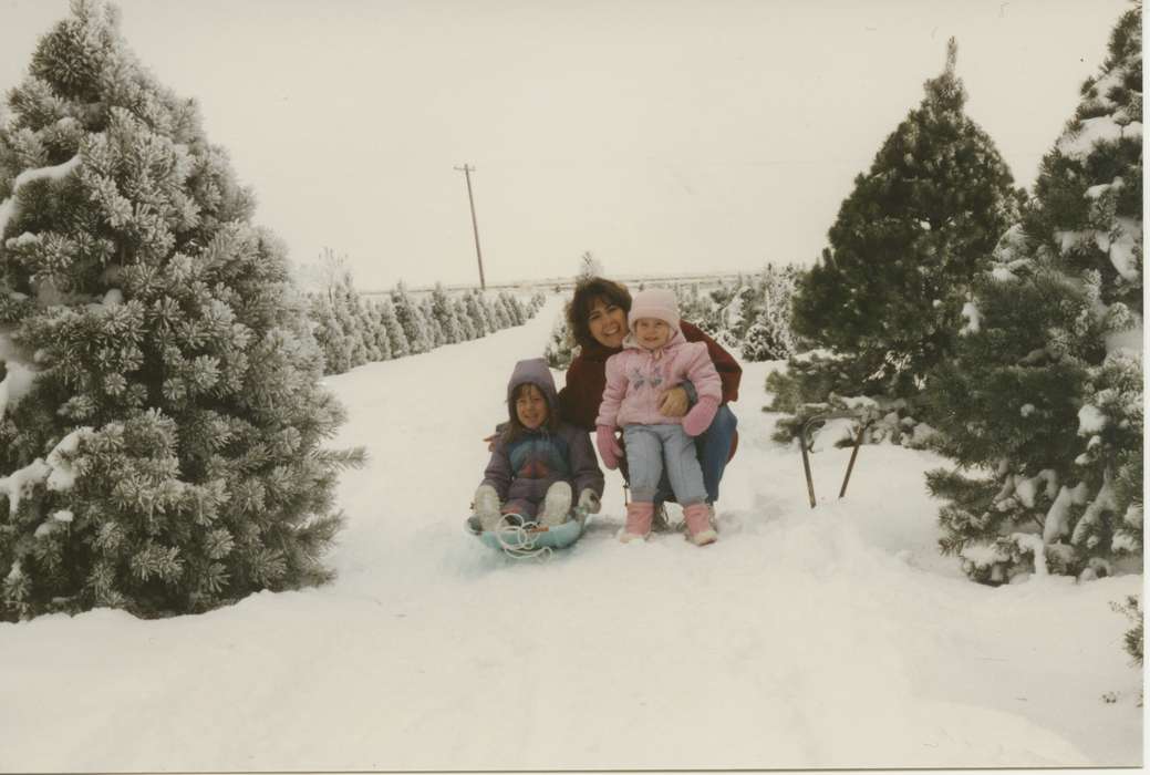 Portraits - Group, sled, history of Iowa, Iowa History, Families, Winter, christmas tree, Nulty, Tom and Carol, pine trees, Holidays, Iowa, Cedar Rapids, IA, snow, Children