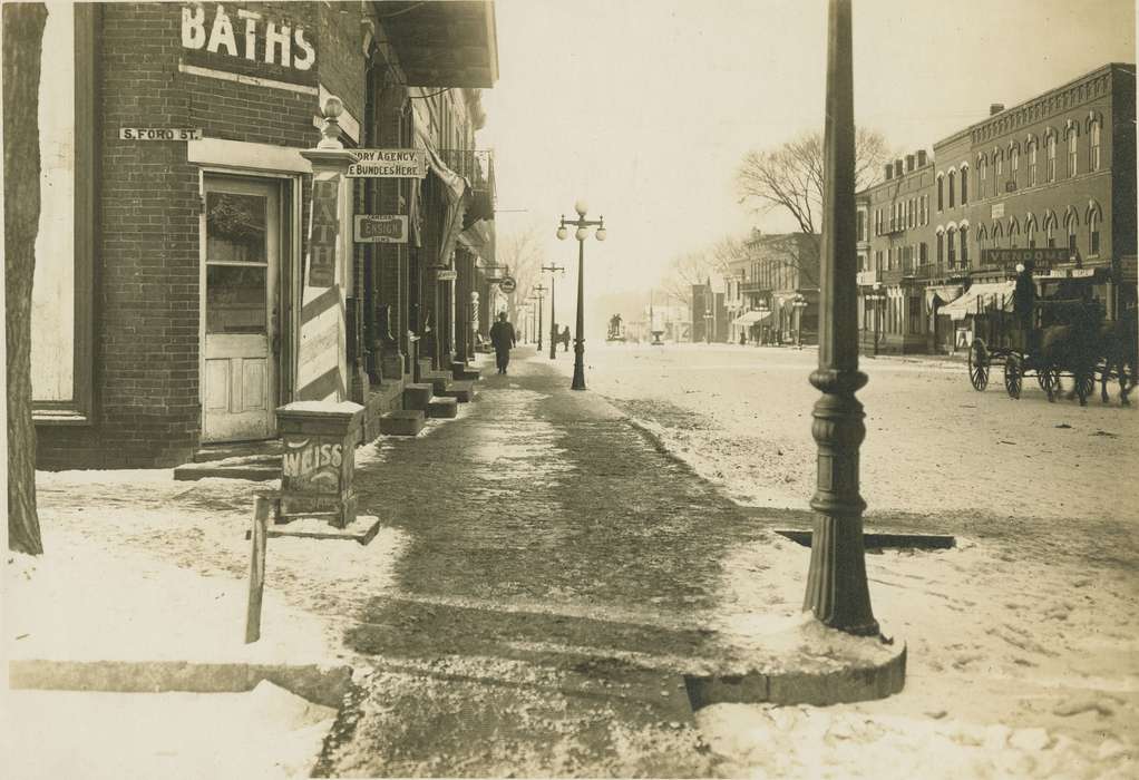Main Streets & Town Squares, barber, history of Iowa, Iowa History, Winter, Businesses and Factories, Animals, sidewalk, wagon, Iowa, Cities and Towns, Anamosa, IA, store front, horse, Hatcher, Cecilia
