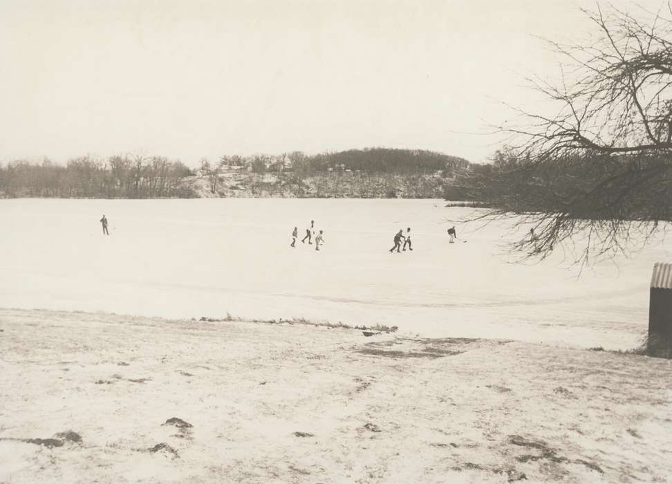 Children, history of Iowa, Waverly Public Library, Waverly, IA, Iowa, Winter, Outdoor Recreation, frozen pond, ice skating, Iowa History, hockey, Lakes, Rivers, and Streams