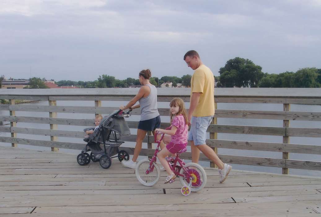 Iowa History, Waverly Public Library, childen, Iowa, history of Iowa, correct date needed, stroller, Families, bridge, bike, parents