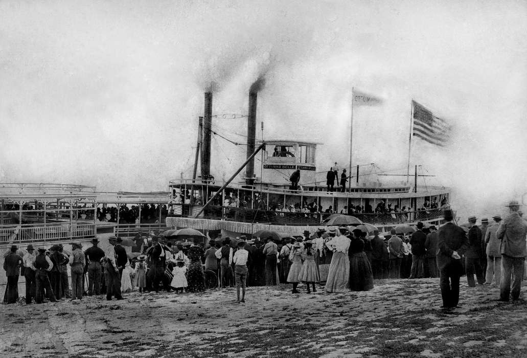 Iowa, ferry, boat, steam boat, umbrella, Lakes, Rivers, and Streams, Lemberger, LeAnn, Cities and Towns, Ottumwa, IA, history of Iowa, flag, Iowa History