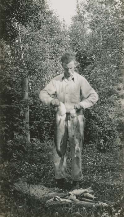 Elderkin, Don, Spring Lake, MN, fishing, fish, Iowa History, woods, fence, Iowa, history of Iowa, Portraits - Individual, Animals, Outdoor Recreation