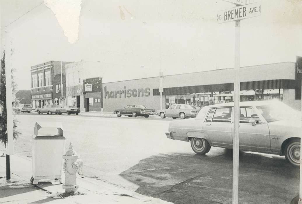 history of Iowa, stores, Businesses and Factories, Waverly, IA, Waverly Public Library, Main Streets & Town Squares, Iowa, Motorized Vehicles, Iowa History, Cities and Towns, fire hydrant, cars