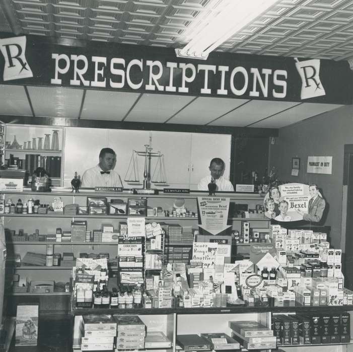 medicine, Iowa History, drug store, Waverly Public Library, Iowa, history of Iowa, Businesses and Factories, drugstore, Waverly, IA, pharmacy, working men