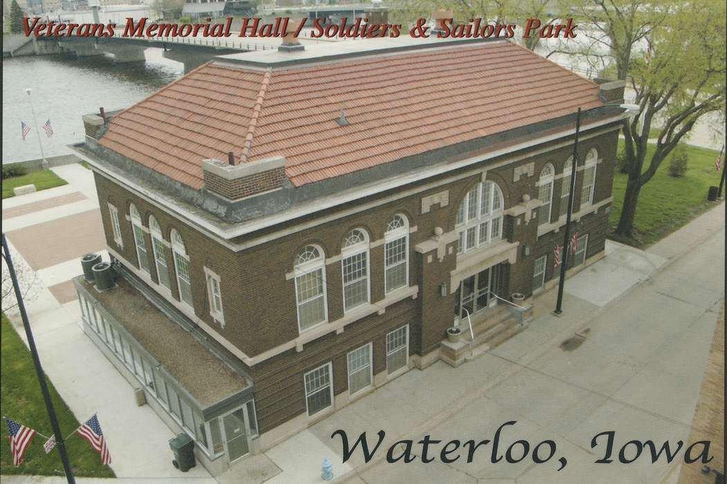 Military and Veterans, bridge, Iowa History, history of Iowa, american flag, cedar river, Aerial Shots, postcard, Iowa, Cities and Towns, Shaulis, Gary