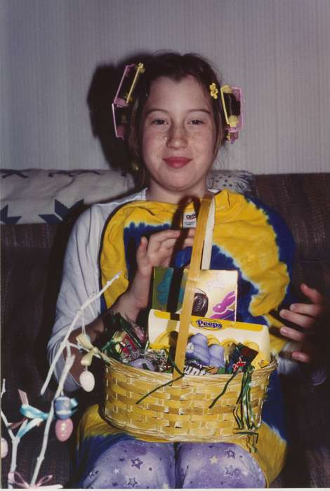 easter basket, Iowa History, Holidays, curlers, tie-dye, hair curlers, Iowa, easter, history of Iowa, Portraits - Individual, candy, peeps, Nulty, Tom and Carol, Newhall, IA, hair rollers