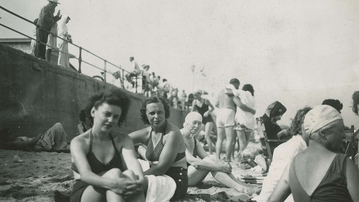 Travel, swimming suit, swimsuit, history of Iowa, swimming cap, McMurray, Doug, Iowa, sand, Portraits - Group, Iowa History, Ocean Grove, NJ, bathing suit