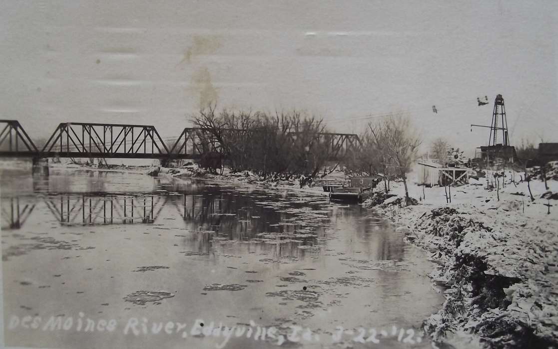 history of Iowa, Lemberger, LeAnn, snow, Eddyville, IA, bridge, Lakes, Rivers, and Streams, mill, Iowa, Iowa History, river, Winter