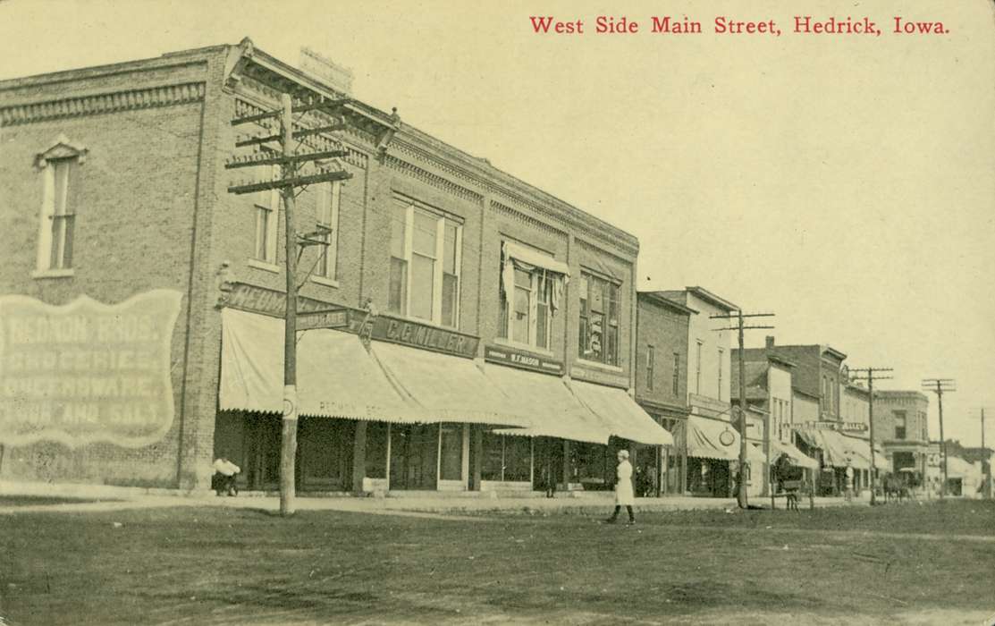 mainstreet, Hedrick, IA, Iowa, clock, storefront, veranda, telephone pole, Lemberger, LeAnn, Cities and Towns, Businesses and Factories, history of Iowa, Main Streets & Town Squares, Iowa History