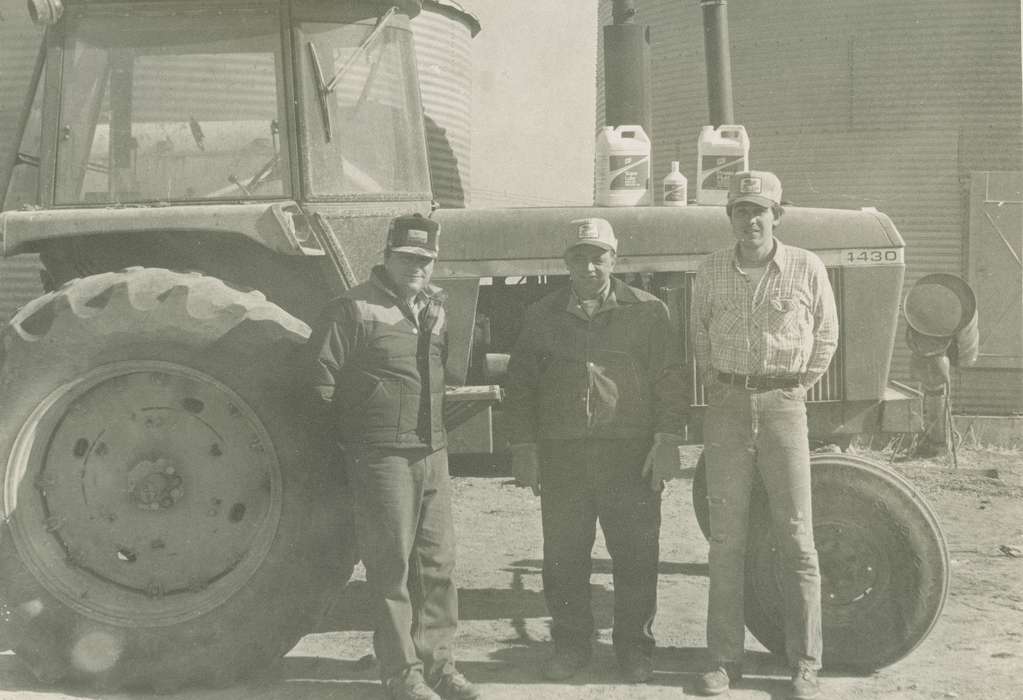 Portraits - Group, Farming Equipment, Meyers, Peggy, history of Iowa, jug, Iowa History, Motorized Vehicles, West Liberty, IA, tractor, Iowa, Farms, baseball cap