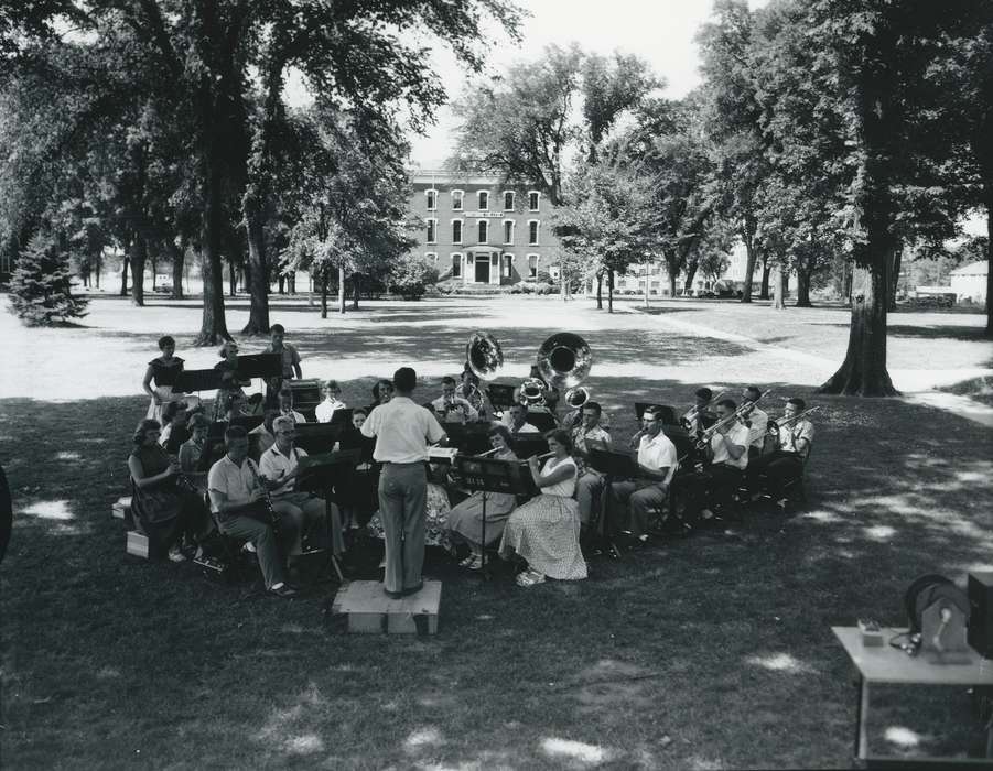 Main Streets & Town Squares, main street, young men, band, instruments, Entertainment, Iowa History, history of Iowa, Waverly Public Library, trees, outside, young women, Iowa, Leisure