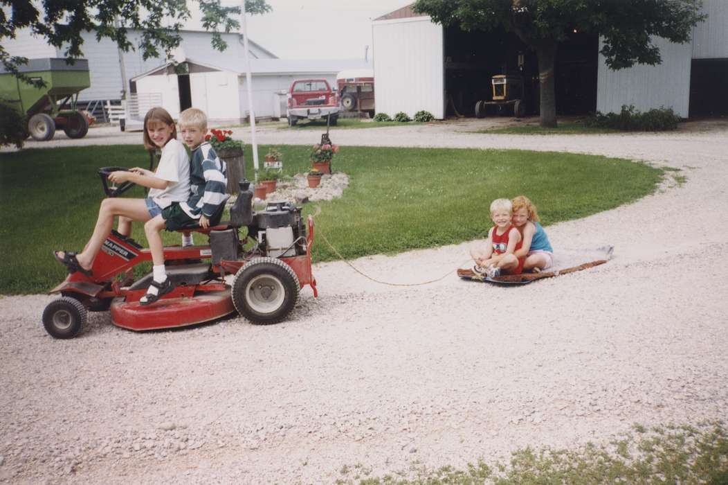 Portraits - Group, Aden, Marilyn, Iowa, truck, Families, Leisure, Children, lawn mower, Farming Equipment, Farms, snapper, history of Iowa, Palmer, IA, Iowa History