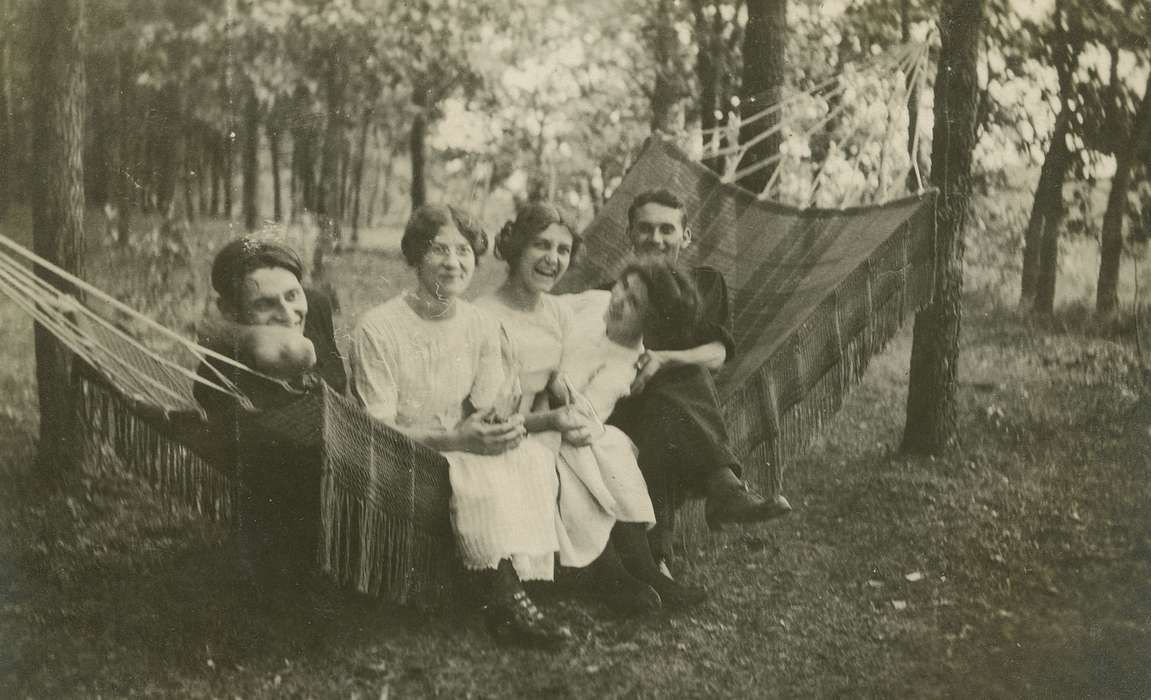 Portraits - Group, Iowa History, LeQuatte, Sue, Leisure, history of Iowa, IA, laughing, Iowa, friends, hammock