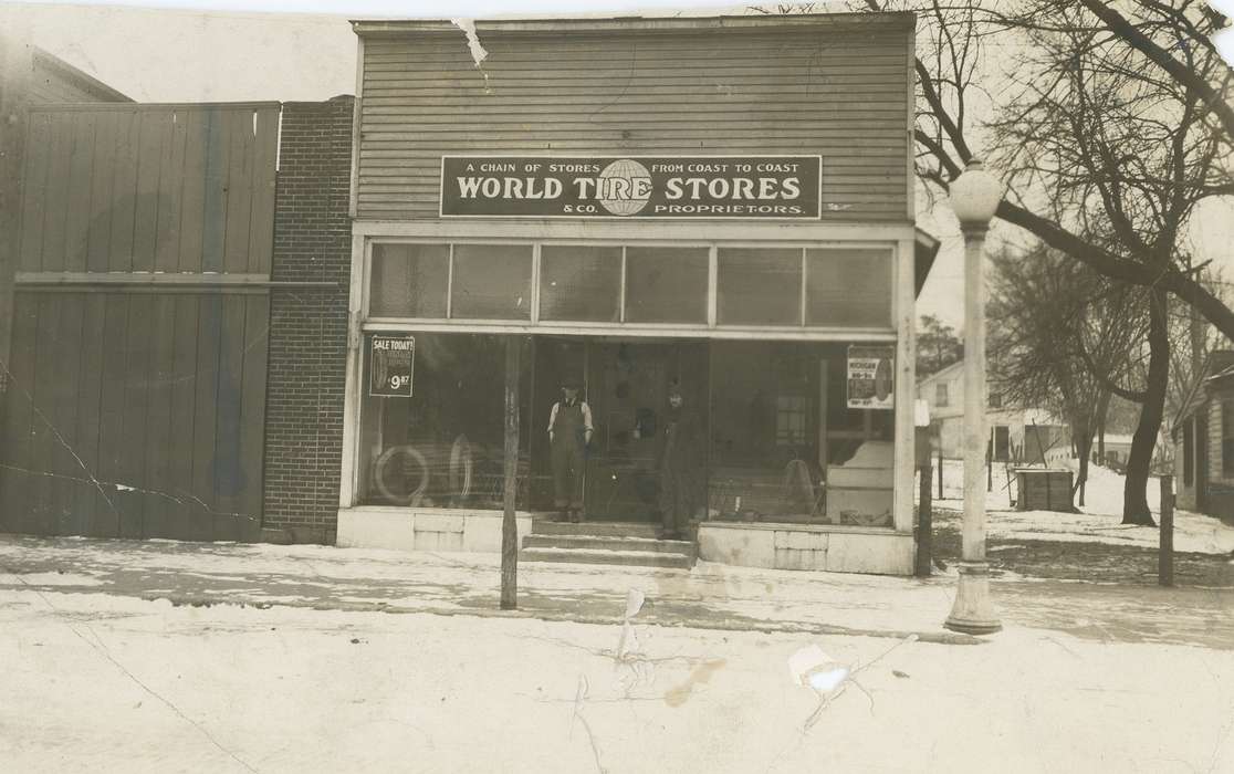 Portraits - Group, history of Iowa, Iowa History, storefront, Businesses and Factories, lamp post, store, tire store, Waverly, IA, wooden house, Iowa, Cities and Towns, businessman, Waverly Public Library
