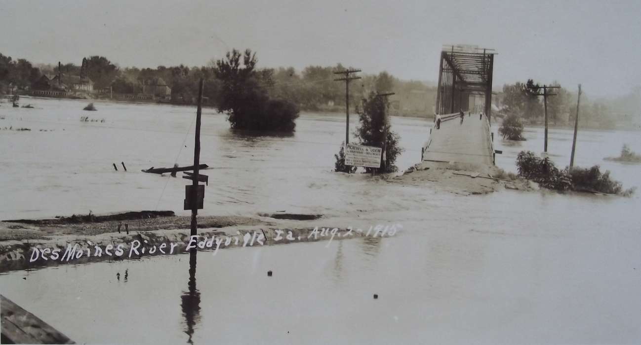 telephone pole, Floods, bridge, Iowa History, history of Iowa, Eddyville, IA, Iowa, Lemberger, LeAnn, sign