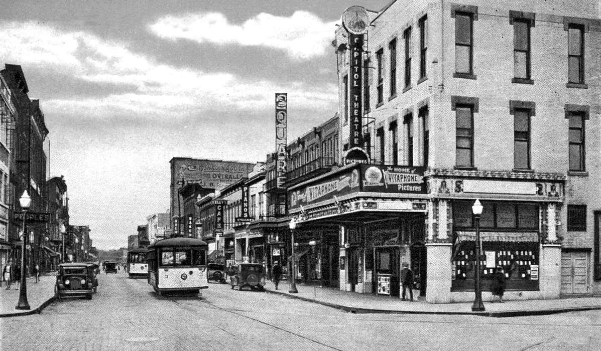 Ottumwa, IA, movie theater, history of Iowa, Lemberger, LeAnn, Motorized Vehicles, storefront, Main Streets & Town Squares, Iowa, Cities and Towns, car, trolley, Businesses and Factories, Iowa History