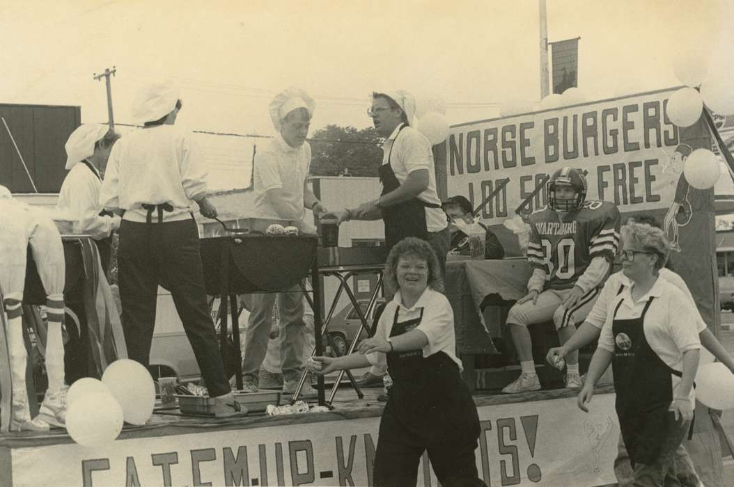 grill, football players, history of Iowa, Waverly Public Library, Waverly, IA, Iowa, Food and Meals, parade float, Outdoor Recreation, Iowa History, Schools and Education, parade, Fairs and Festivals