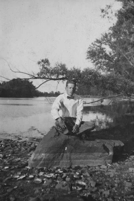 Portraits - Individual, rock, Iowa History, Lakes, Rivers, and Streams, King, Tom and Kay, Iowa, bow tie, IA, shore, Leisure, history of Iowa