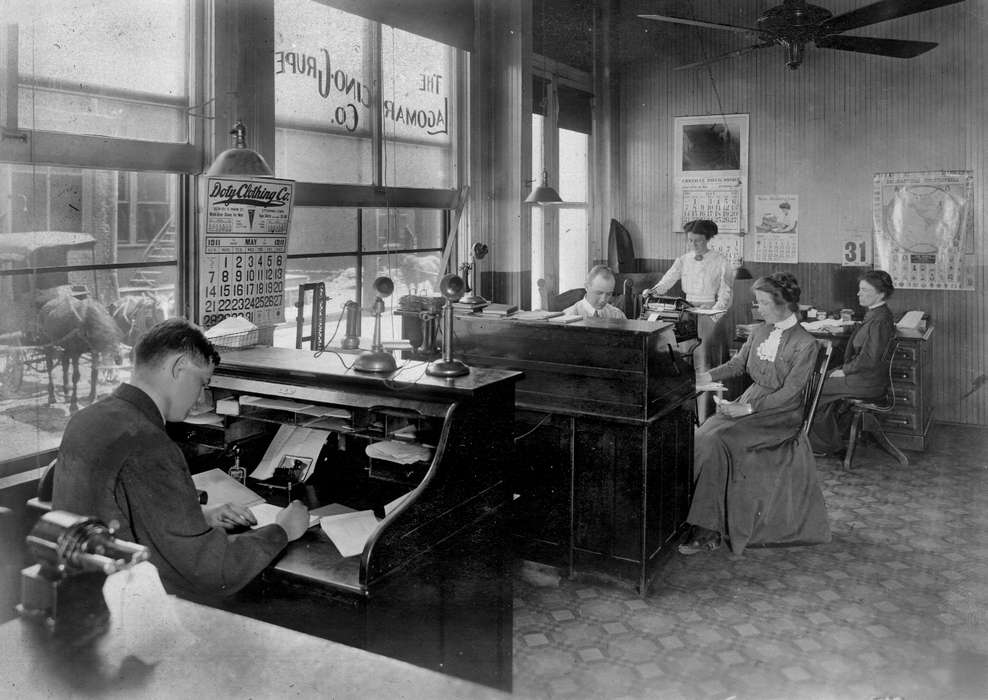 calendar, secretary, Iowa, desk, fan, Lemberger, LeAnn, telephone, Businesses and Factories, Moline, IL, history of Iowa, Iowa History, office