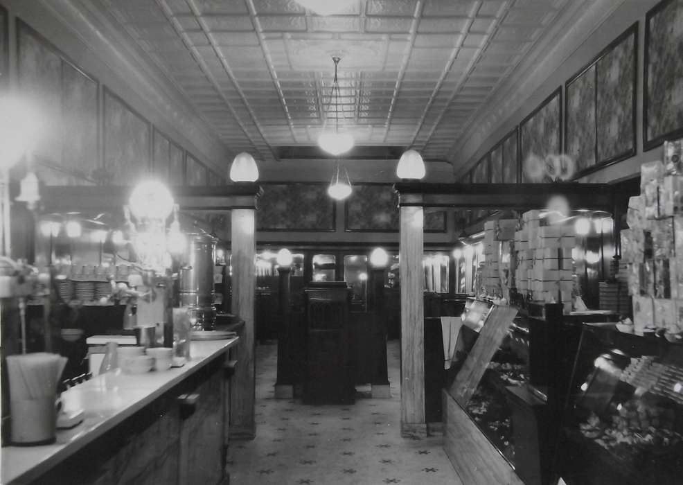 history of Iowa, Iowa History, Lemberger, LeAnn, Eddyville, IA, Businesses and Factories, store, candy, display case, dishes, Iowa, counter