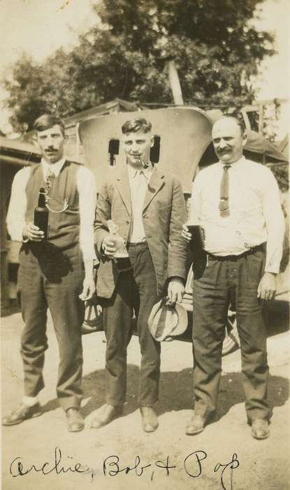 Portraits - Group, Food and Meals, Iowa, vest, alcohol, Iowa History, montenegrin, Campopiano Von Klimo, Melinda, pipe, flask, mustache, history of Iowa, Norwoodville, IA