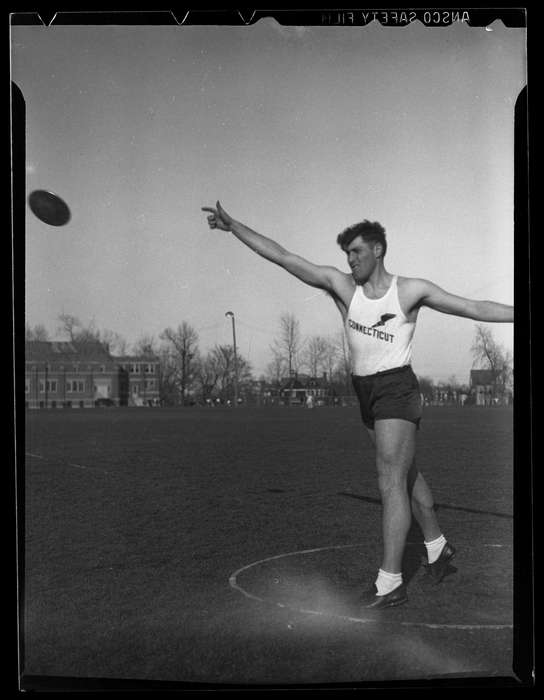 history of Iowa, Storrs, CT, discus throw, track and field, Iowa History, Archives & Special Collections, University of Connecticut Library, Iowa