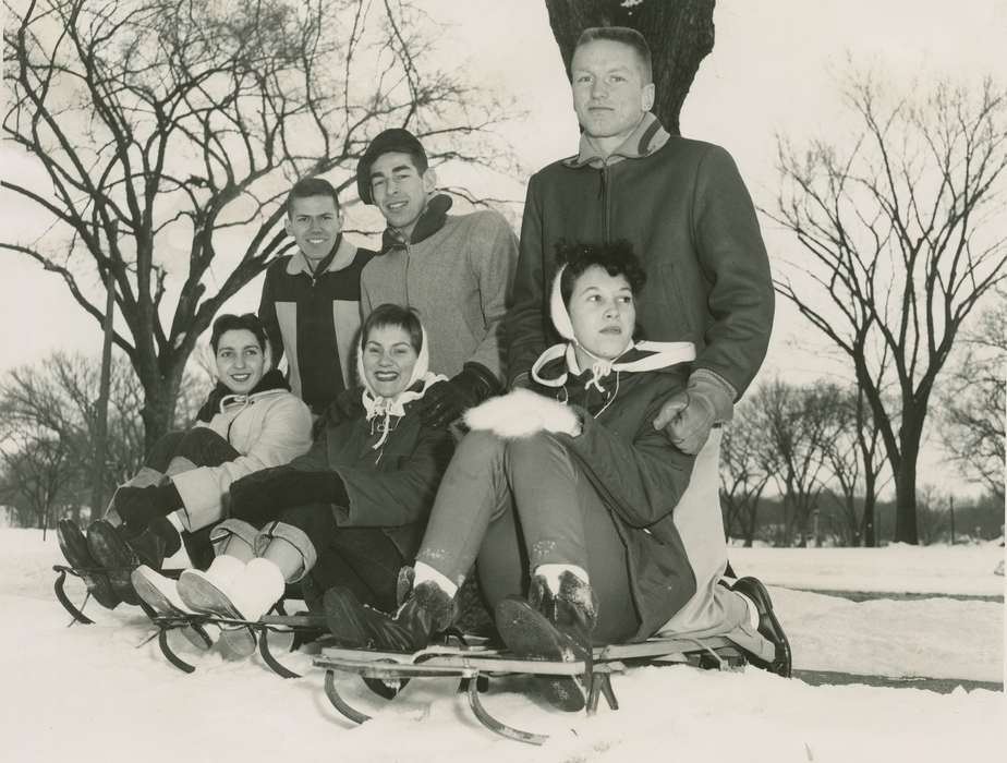 Iowa History, Iowa, boots, history of Iowa, correct date needed, Portraits - Group, Outdoor Recreation, Winter, Meyers, Cindy, sledding, sled, Davenport, IA