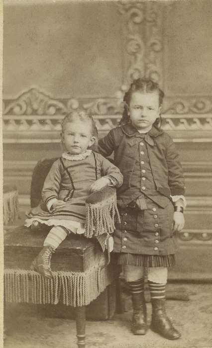 history of Iowa, carte de visite, painted backdrop, Iowa History, children, sisters, Olsson, Ann and Jons, high buttoned shoes, Newton, IA, Iowa, pantaloons, correct date needed, petticoat, Children