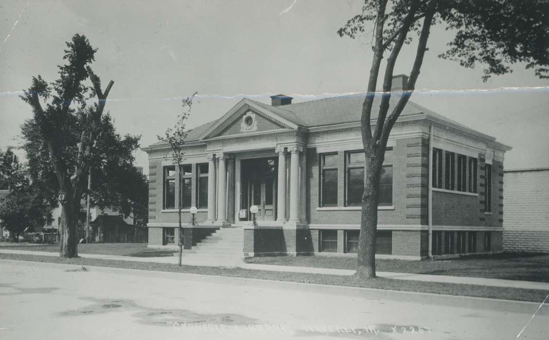Cities and Towns, library, Iowa History, Waverly Public Library, Iowa, history of Iowa, trees, correct date needed, Schools and Education, Waverly, IA, road, Main Streets & Town Squares