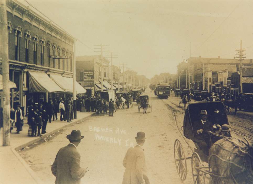 Main Streets & Town Squares, main street, history of Iowa, Iowa History, Businesses and Factories, horse and buggy, dirt road, Iowa, Cities and Towns, cable car, horse, Waverly Public Library